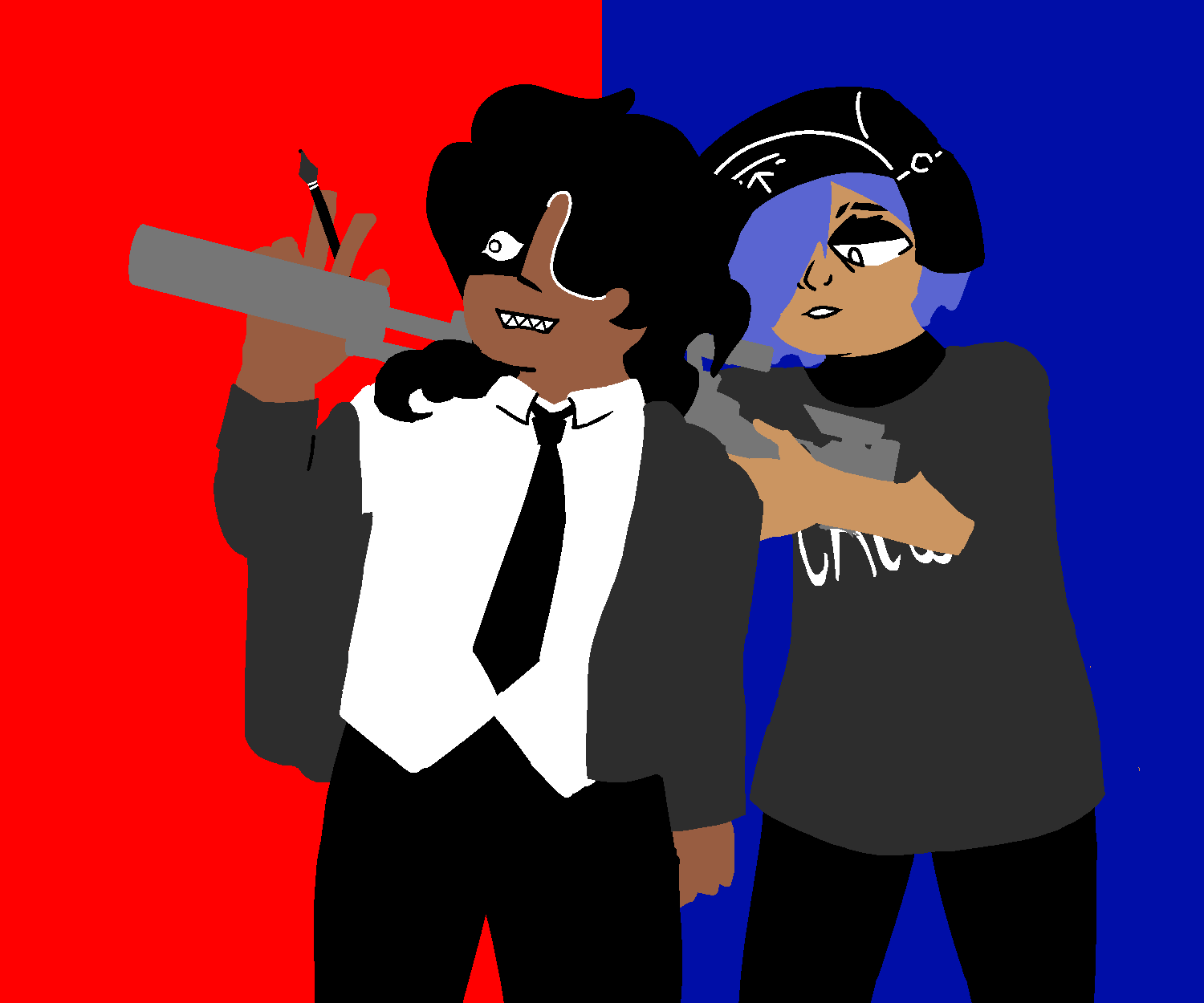 Pluto IX and Cecelia Vaughan. The two are of similar height and are standing close together, with Cece positioned behind Pluto. Pluto brandishes a fountain pen and is wearing a white dress shirt and black tie, black slacks, and an open gray button-up hanging off of one shoulder. Cece is resting a sniper rifle on Pluto's shoulder and is wearing a gray brimmed cap with ear flaps, a baggy gray tee with the words &ldquo;Crew&rdquo; in white text, and black leggings. 