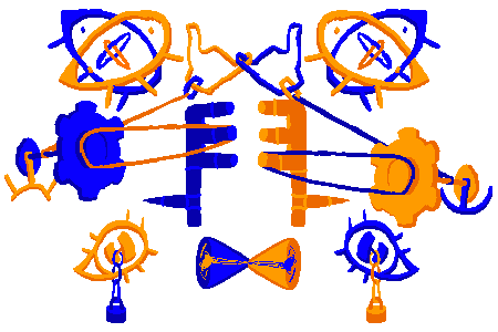 The Optimum Centurion. A collection of free-floating blue and orange interlocking mechanisms, mirrored down the middle. Notable segments include two eyes that overlap with one another and gears connected by bands that link to components that resemble two hands interlocking pinkies, and an hourglass that pours sand inward from both sides.