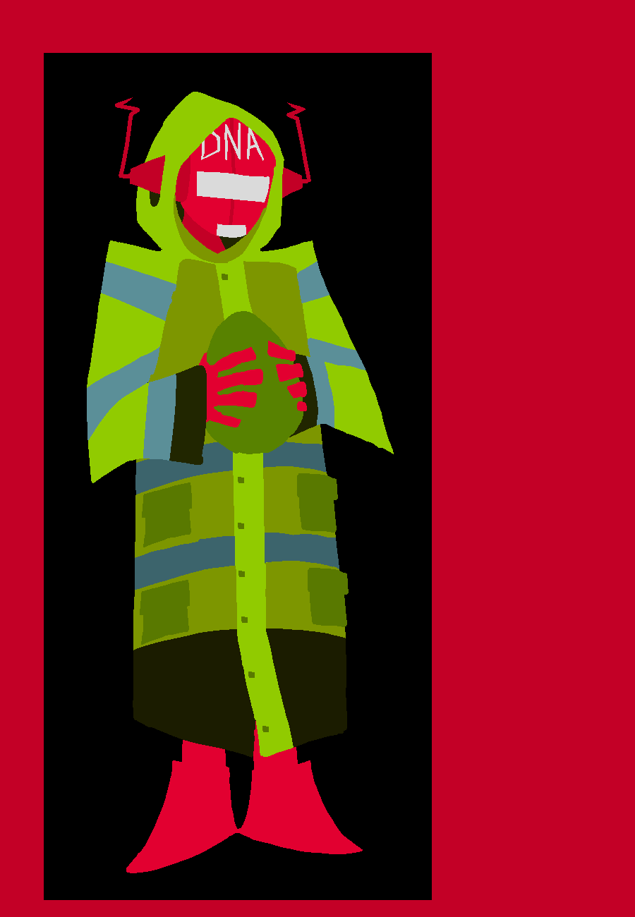 Model DNA from Hellspawn, holding the Collective Egg. DNA is a humanoid red robot with zig-zagged antennae and DNA printed on its forehead. It is wearing a green high-vis rain jacket. The Egg is about the size of DNA's head and is green.