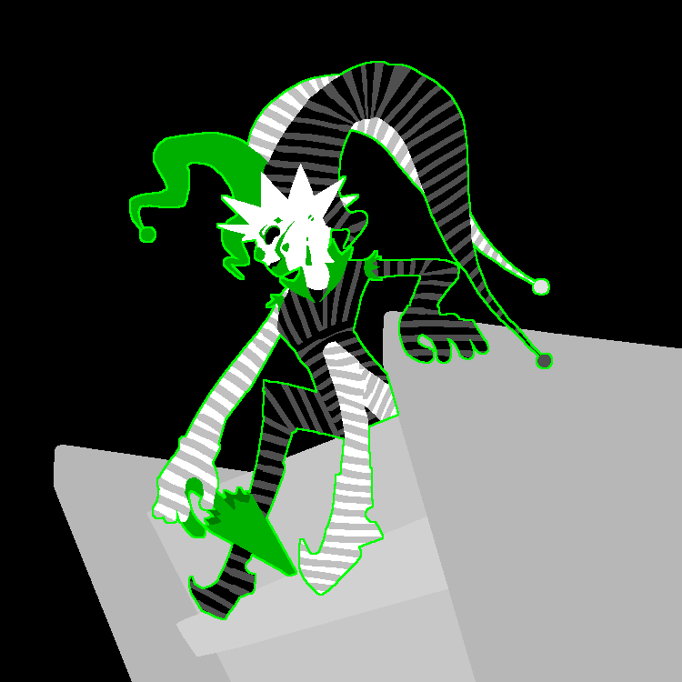 Delirium as a clown. Its body is entirely striped, alternating black and white. Her collar, sleeves, and the base of her hat are adorned with a zig-zag cut green crown. Her hat itself is a jester's hat with two long striped tails in the back and one shorter green tail in the front. It is sitting on some sort of stone ledge, using part of it as an armrest and looking to the side. She is holding a green umbrella with one hand, balancing it against the ledge.