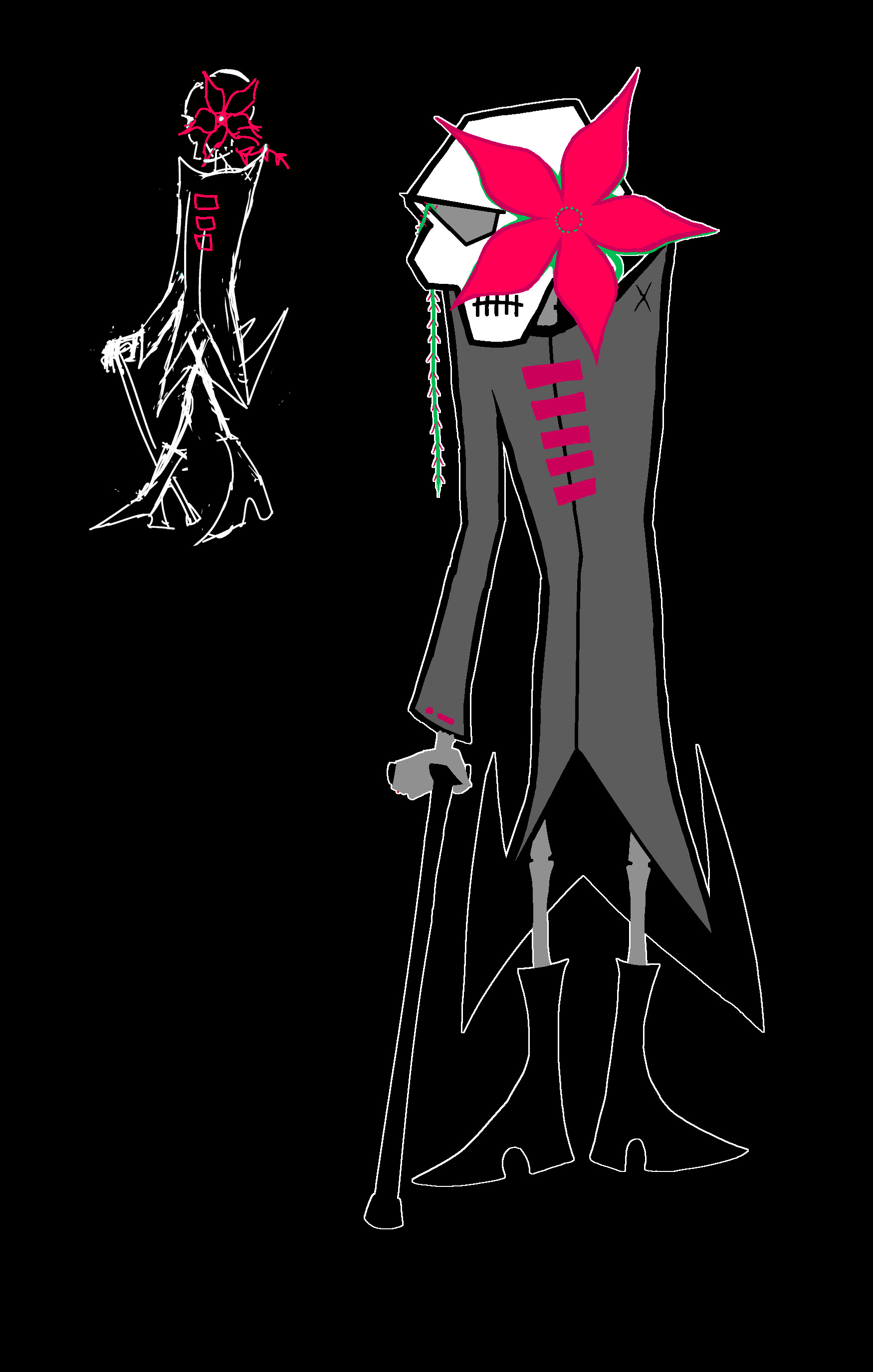 Ex Termina, an original character. It is a skeleton with a large pink 5-petaled flower blooming from her left eye. She wears a long gray tailcoat with pink clasps and pointed boots. She is standing and resting her weight on a cane. She is missing an arm.