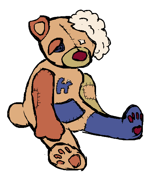Heap, an original character,  sitting. Heap is a patchwork stuffed bear. It is missing an eye and has stuffing coming from an opening on its head.
