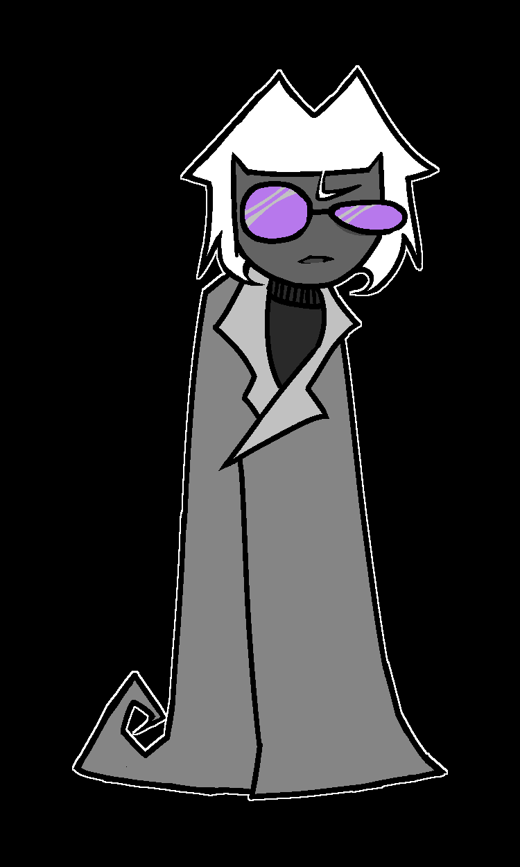 Horvitz X, an original character, standing. He has symmetrical chin-length white hair, gray skin, and purple-tinted glasses. The glasses are round, though one lens is circular and the other is ovular, squished as though making a suspicious expression. He is wearing a dark gray turtleneck underneath a collared gray shroud that covers most of his body.