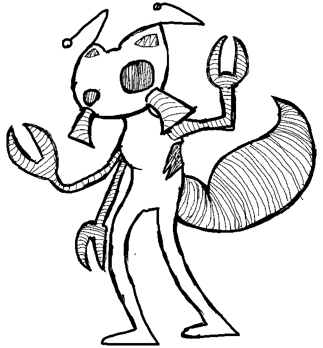 Sting, an original character, standing. It is all white and has three clawed and carapaced arms with a wound where a fourth would be. It has a thick tail that ends with a stinger. Its head has no mouth but does have a pair of mandibles as well as two eyes of differing sizes and pointed ears topped with antennae.